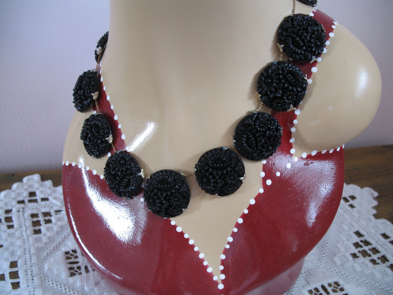 1940's Black Glass Carved Necklace Earring Set-Jet-10K Gold