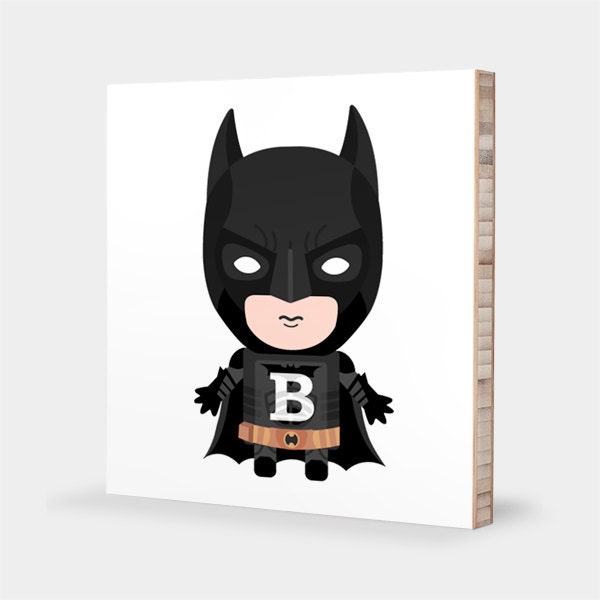 B for Batman / Dark Knight : ABC Block Bamboo Wall Art Series // Alphabet Kids Wall Art Room Decor Super Hero Sci-fi 4 x 4