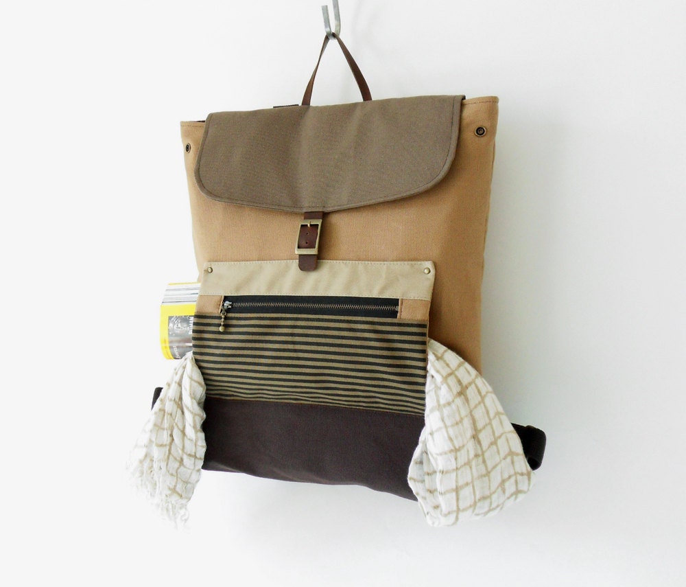 UniSex, Camel canvas Backpack / laptop bag / school bag / leather closure / front zip pocket, Design by BagyBags