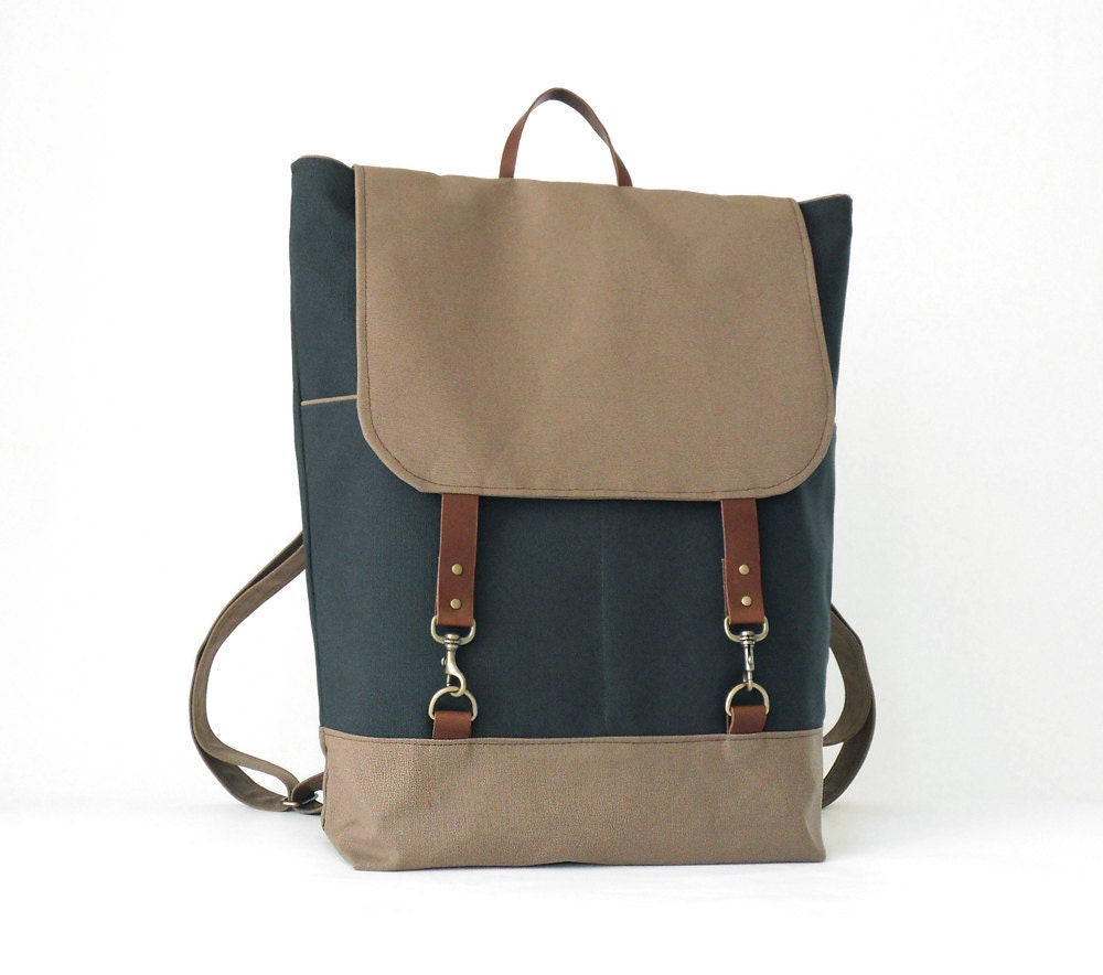 Unisex, navy and chocobrown canvas Backpack, laptop backpack with leather closures and 2 front pockets, Design by BagyBags