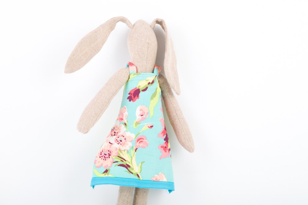 spring Natural canvas Stuffed doll ,Bunny - Softie Rabbit Wearing retro Turquoise summer dress with pink flowers - timo handmade fabric doll