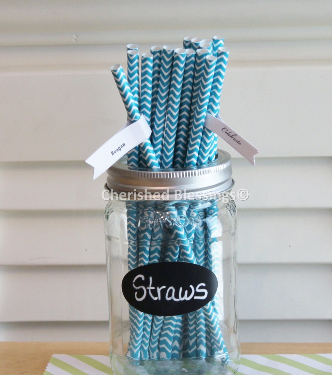25 Aqua Teal Paper Straws Chevron Striped Retro Vintage Style Carnival Wedding table setting Birthday Bridal Baby Shower W/Printable Flags Il_170x135