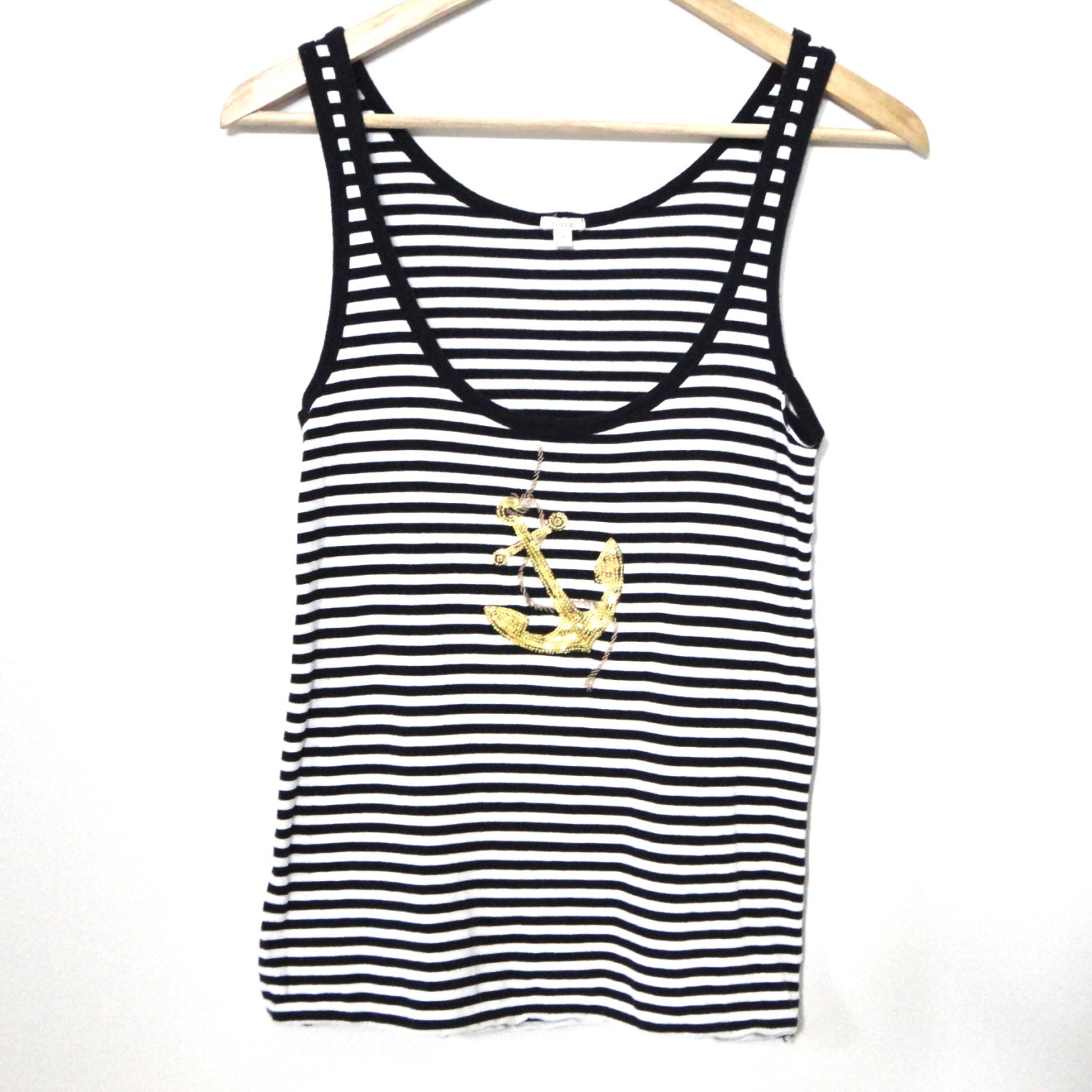 90s Nautical J CREW Striped Tank With Sequin Anchor s (as is)