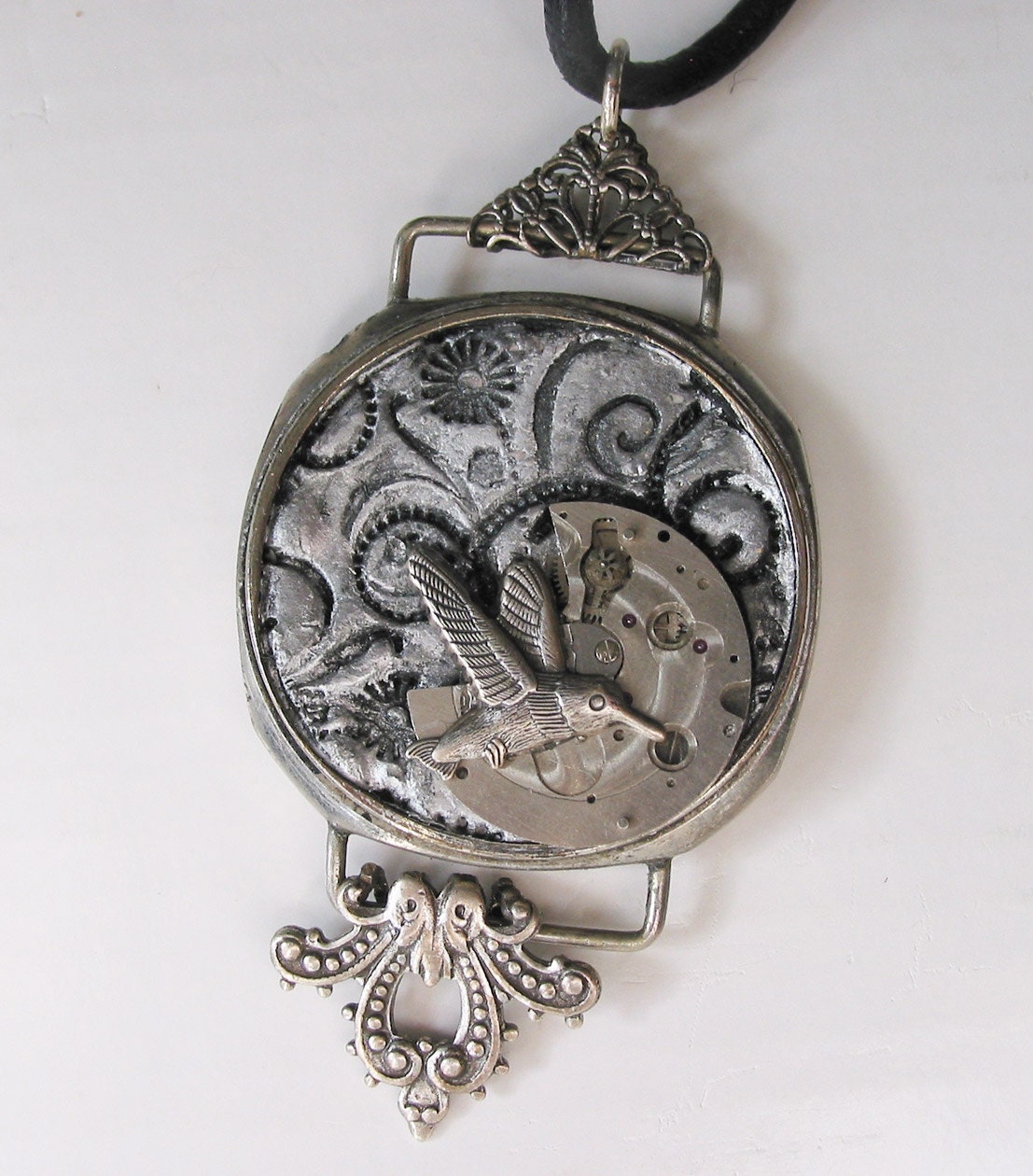Silver Humming Bird Steampunk Necklace