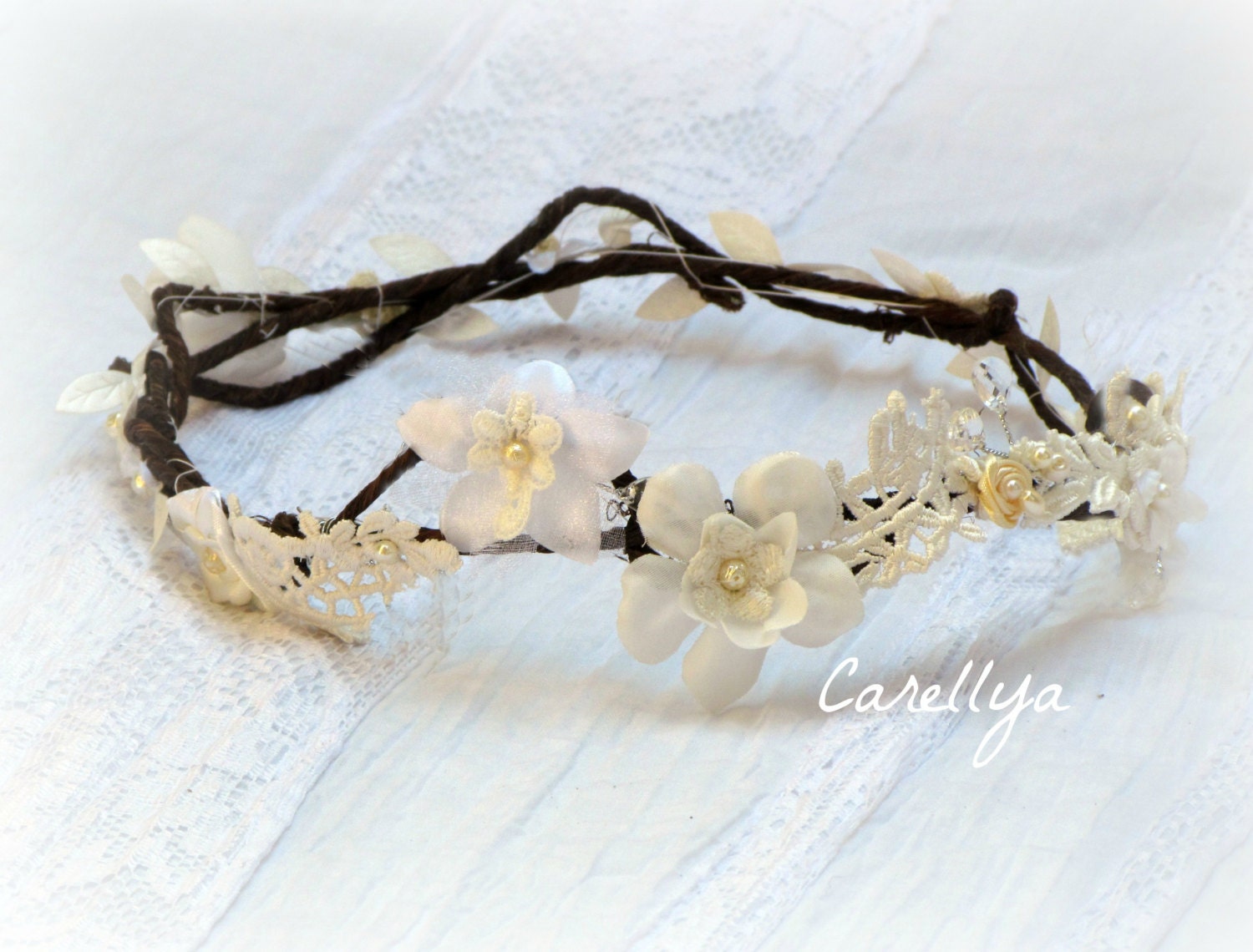 Woodland Wedding Flower Crown Lace Headpiece --  Bridal Floral Vine Tiara -  Express Shipment, Miriam