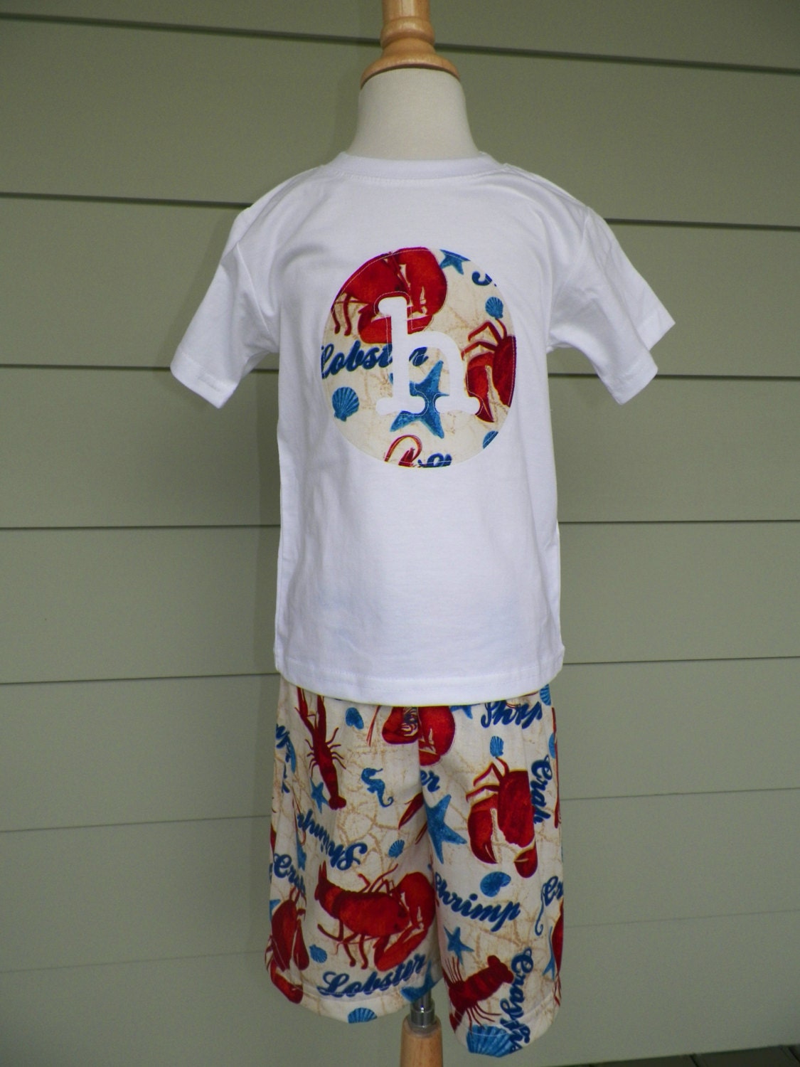 Boys shorts and t-shirt with circle initial, seashore collection with shrimp, lobsters, & crabs, Robert Kaufman fabric by Baby Harrill