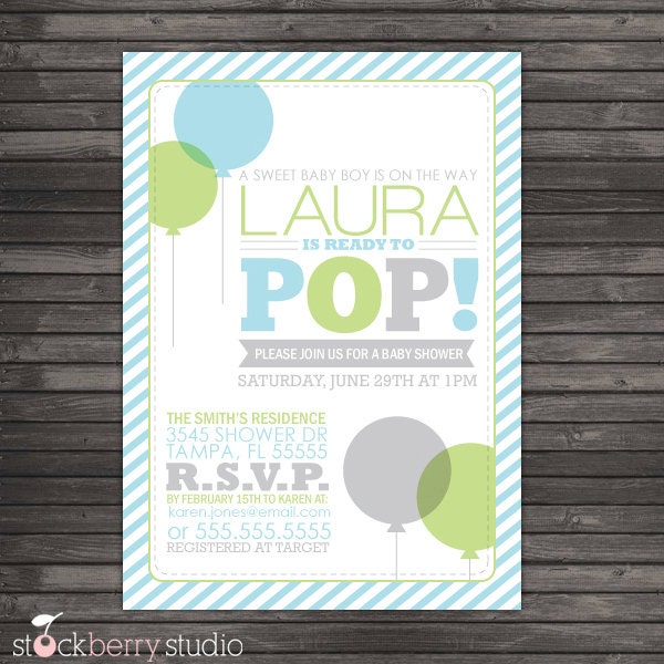 Ready to Pop Baby Shower Printable Invitation - Blue, Green, Gray Il_170x135