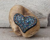 Turquoise Blue and Copper Heart  - Mosaic on Rock / Garden Stone
