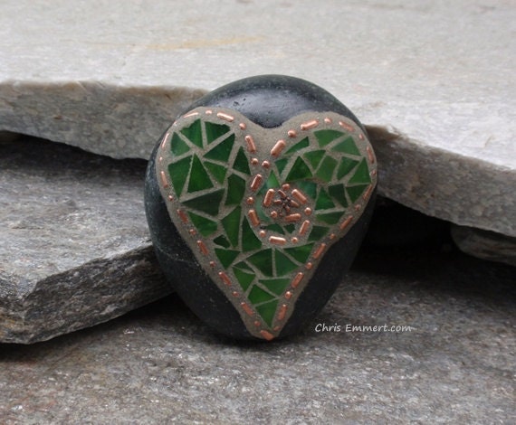 Green and Copper Heart  - Mosaic Paperweight / Garden Stone