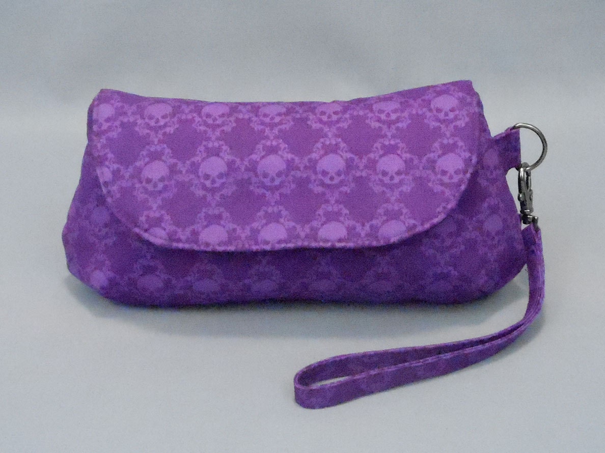 Purple Damask Skulls Wristlet Clutch Small Purse
