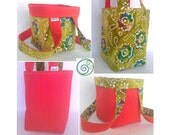 Sock Knitting Project Bag - Orange Canvas with Green Blue Flower Batik - Reversible