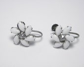 Vintage Milk Glass Rhinestone Clip Earrings Made in Germany Summer White Flower Elegant