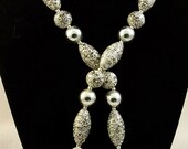Vintage Mad Men Bead Necklace Silver White Taupe