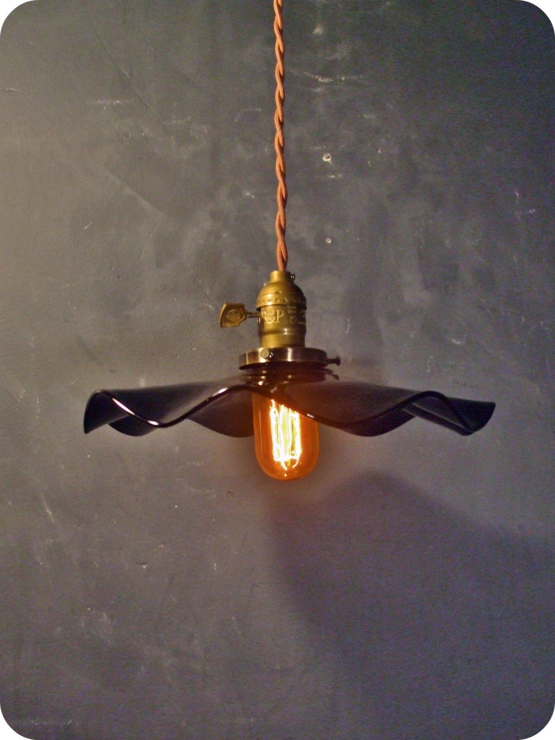 Vintage Industrial Hanging Light - Machine Age Minimalist Bare Bulb Pendant Lamp, Ruffle Opal Shade