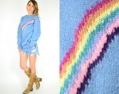 baby blue RAINBOW oversized handmade NOVELTY cheerful sweater JUMPER, small-large