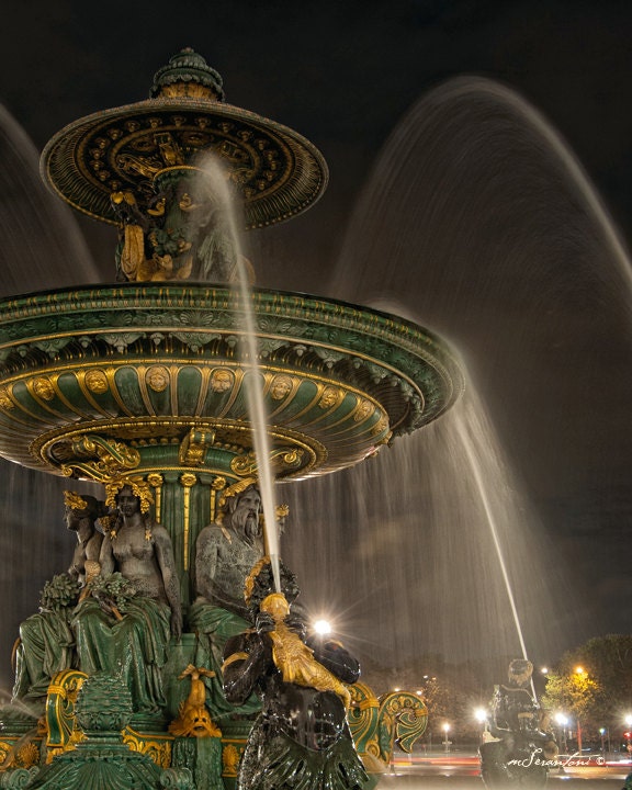 Paris photography - Rainy Night in Paris - Travel photography  - French fountain sculpture  - BW or Emerald green and Gold - unisex gift