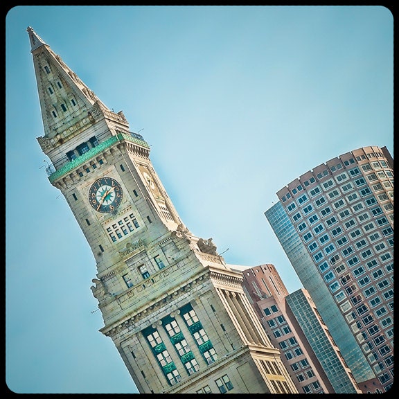 I Love Boston Prints - Set of 4 - Fine art photos - Clock Tower, Faneuil Hall, Boston Cityscape, twinkle lights, MIT sailboat - Wall Art