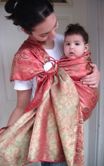 Red & golden paisley, brocade baby ring sling READY to ship NOW