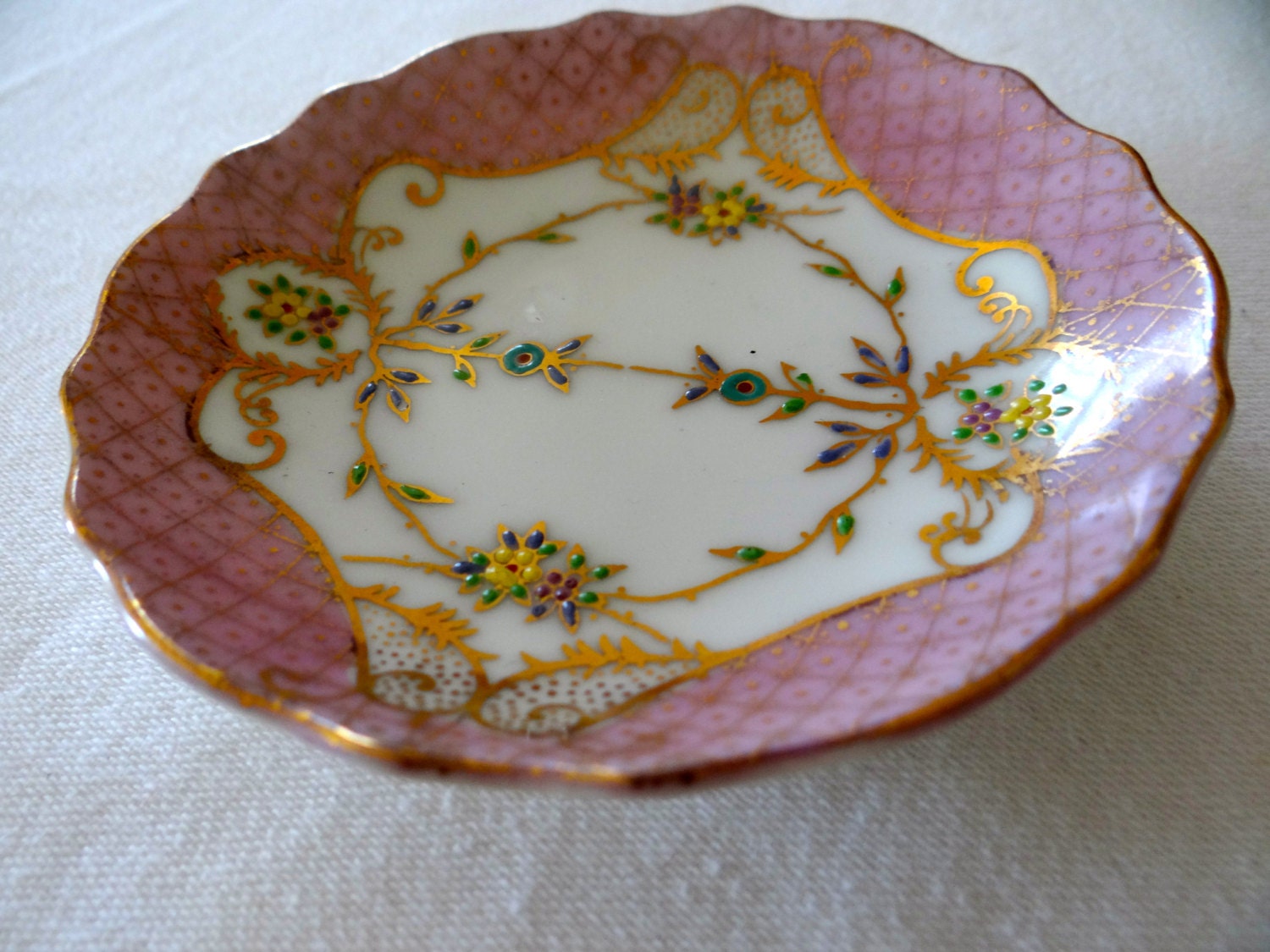 Vintage Hand Painted Jewelry Dish, Pink and Gold
