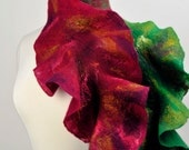 Felted Leaf scarf  / merino wool / hand felted / green / purple / red / wearable art