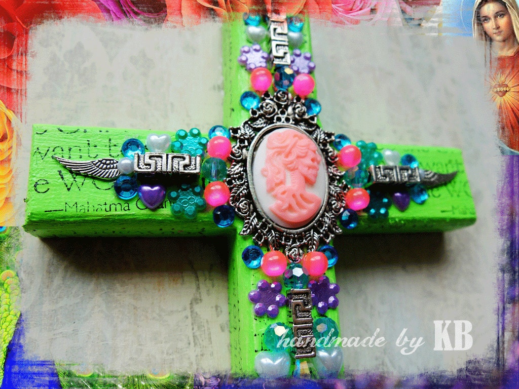 Wall Crucifix - Day of the Dead Inspired Cross - Mixed Media Original Spiritual Art