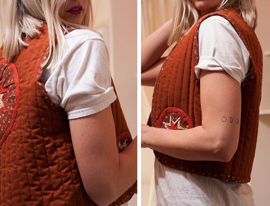 vintage 70's hand made quilted earth toned vest with star accents women's or unisex reversible bohemian chic