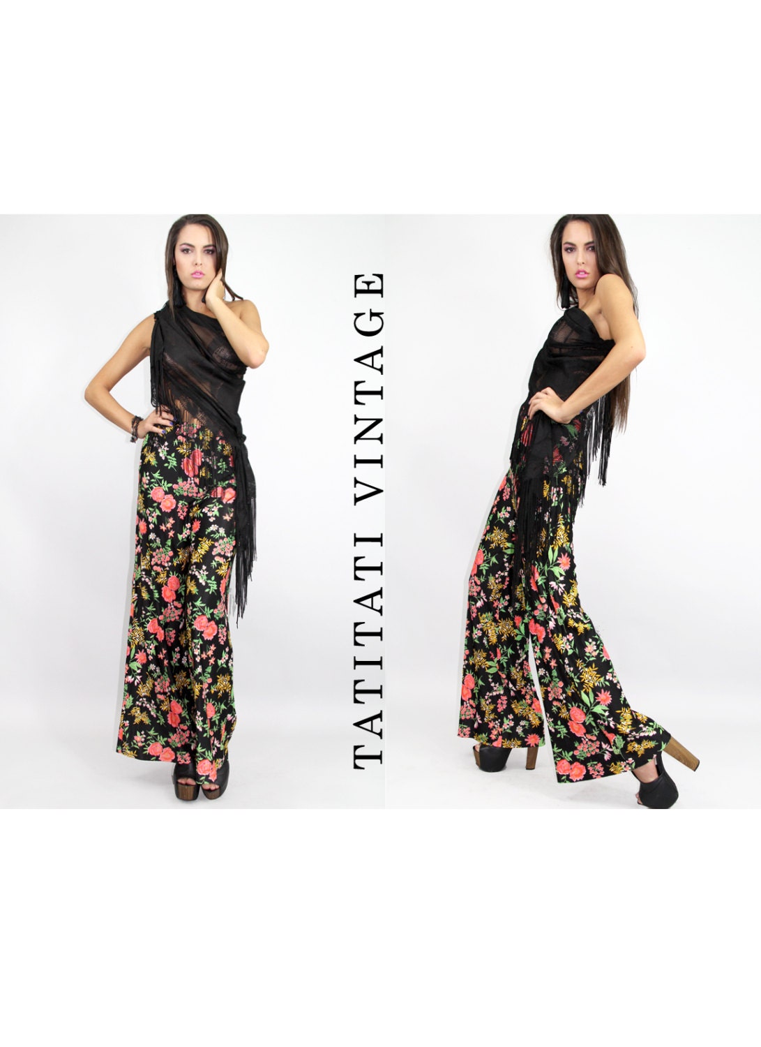 Vintage 60s Botanical FLORAL PALAZZO Pants // Vintage Clothing by TatiTatiVintage on Etsy