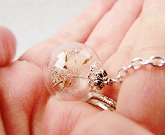 Real Dandelion Seed Glass Orb Necklace In Silver Small Orb