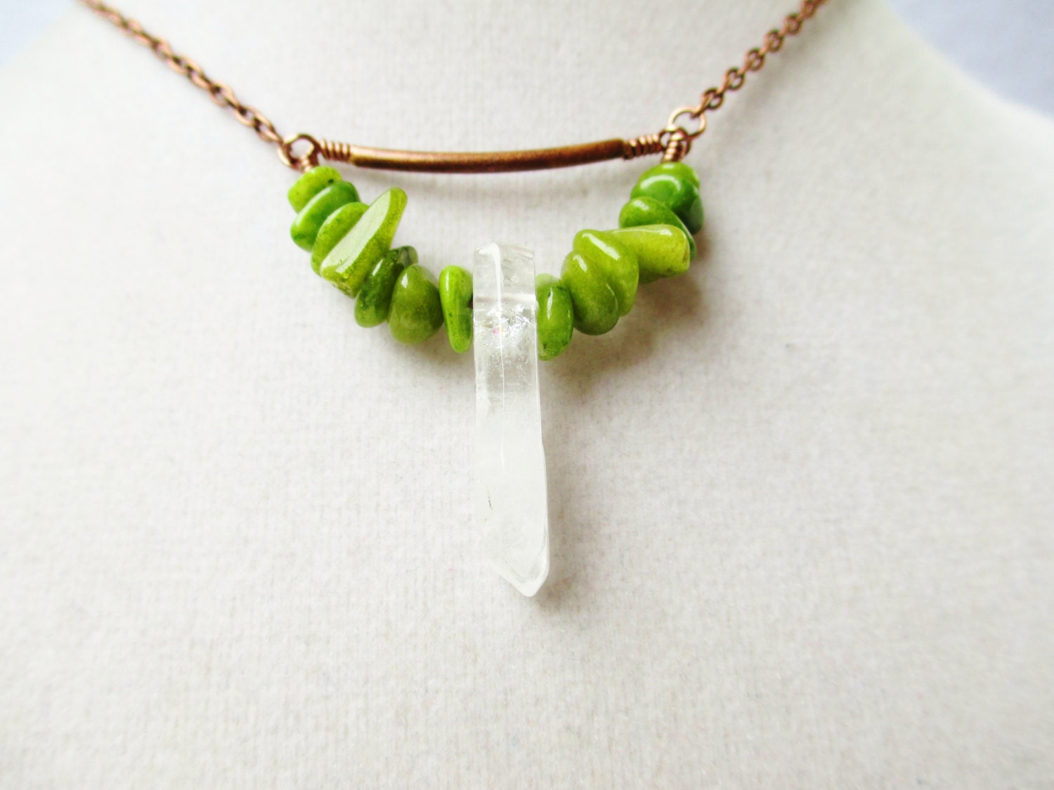Boho Crystal Spear & Green Stone Copper Necklace