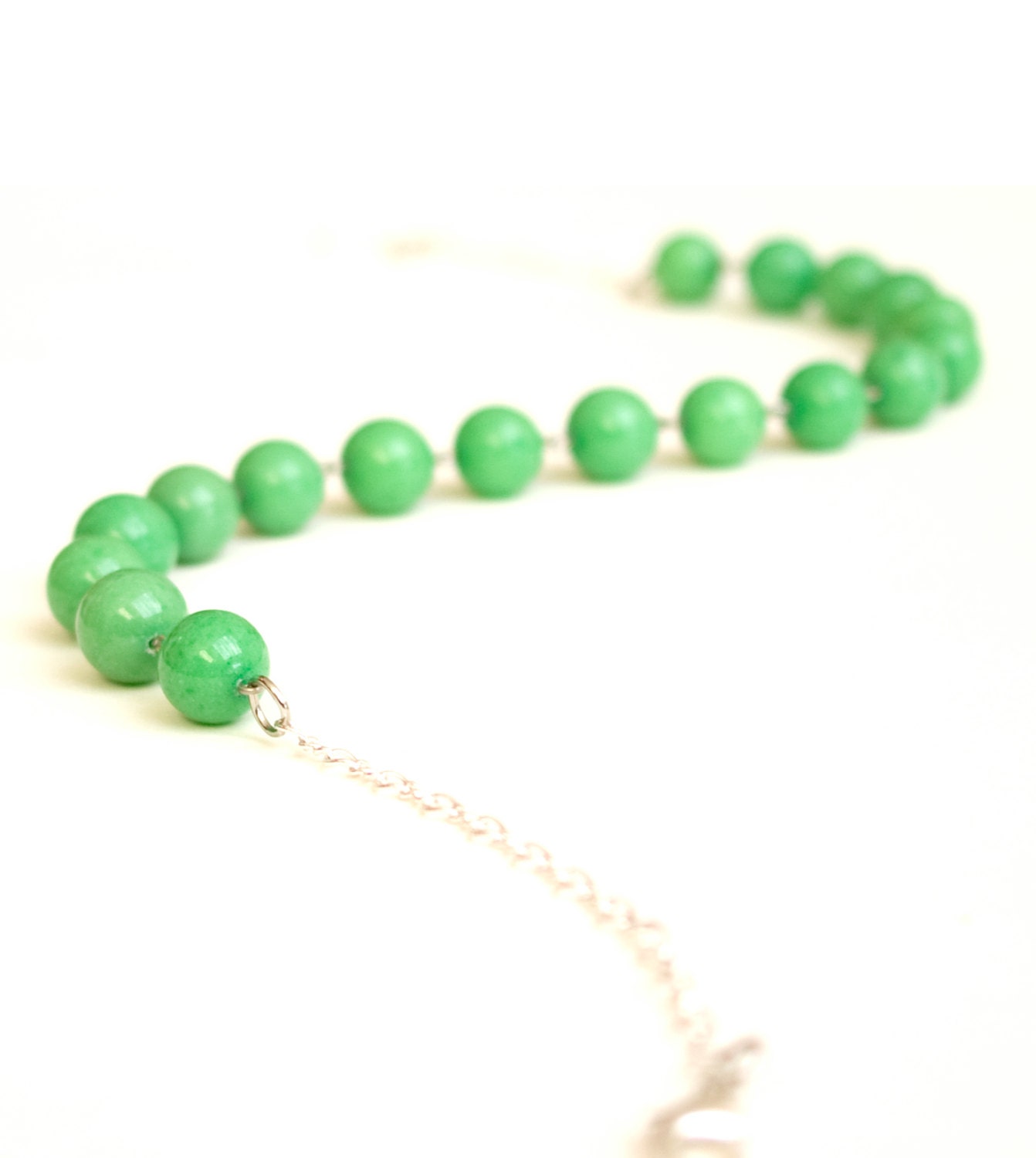Green jade necklace, gemstone jewelry. Finest Italian silver plated choker necklace.