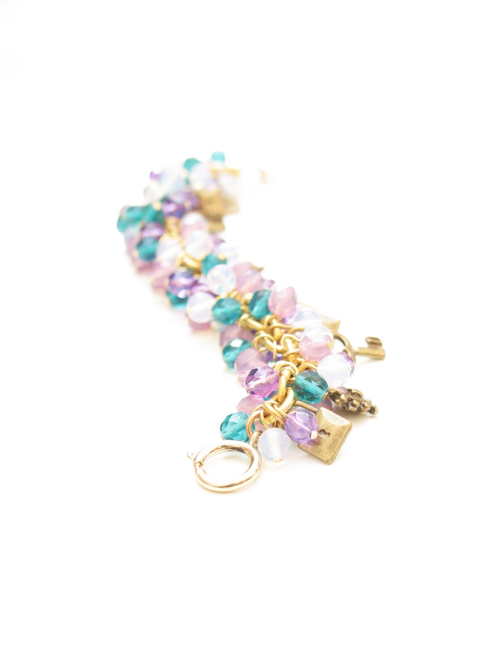 100 crystals and moonstone bracelet. Cluster bracelet with Italian romantic charms. Handcrafted, colored, bold, exclusive.