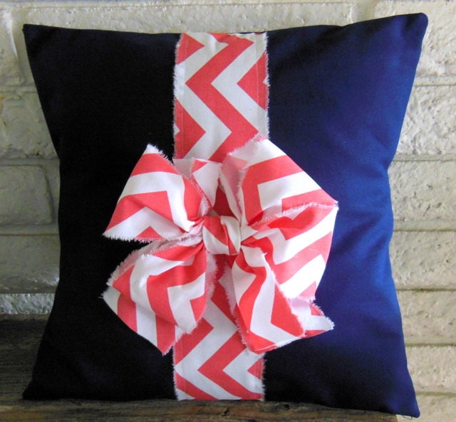 The Tanesha - 18 x 18 Navy with Coral/White ChevronTicking Bow Pillow Cover