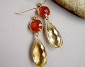 Citrine Carnelian Double Drop Earrings 24K Gold Vermeil Bezel Set