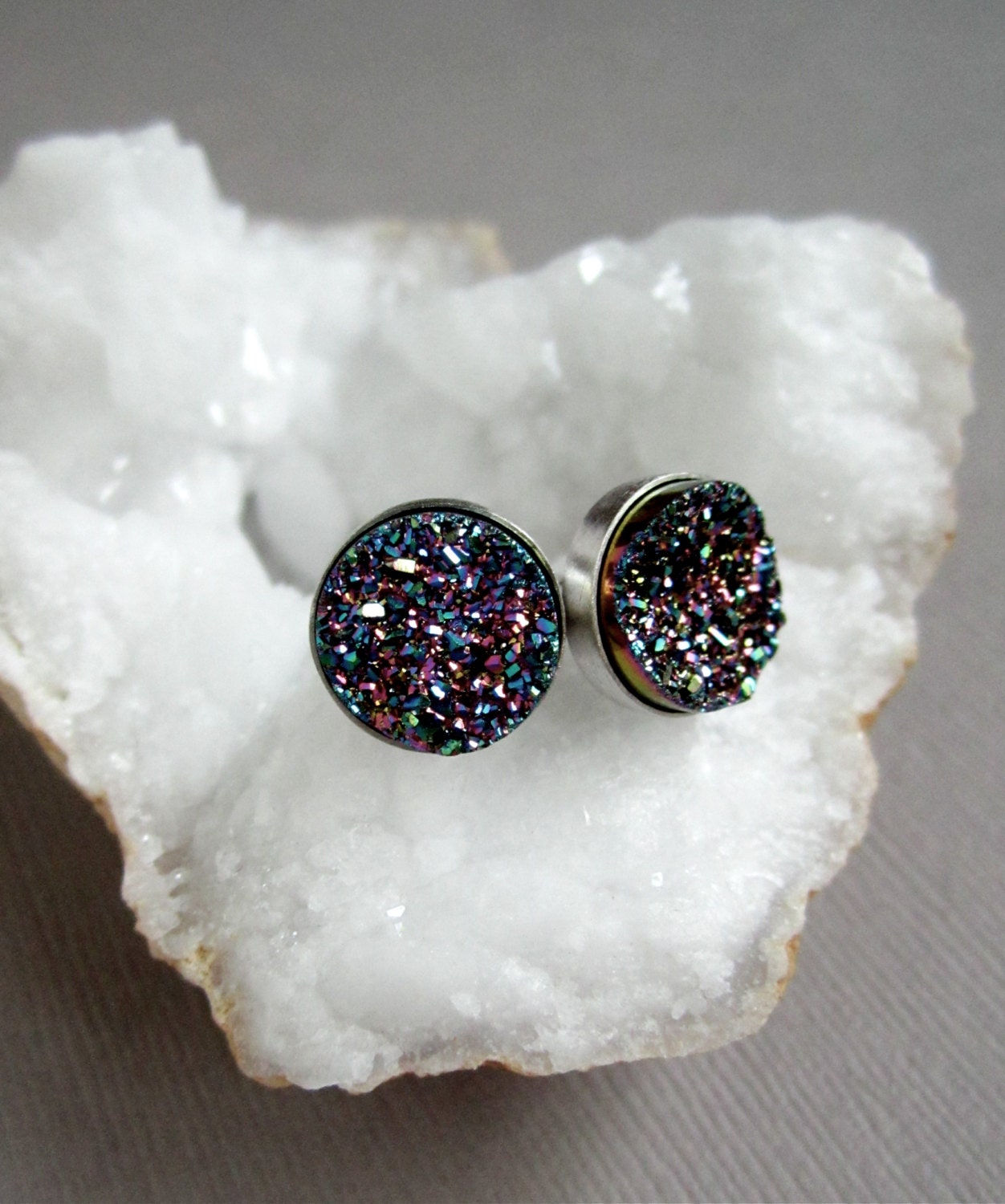 Peacock Druzy Studs Titanium Drusy Quartz Earrings Rhodium Plated Sterling Silver Bezel Set