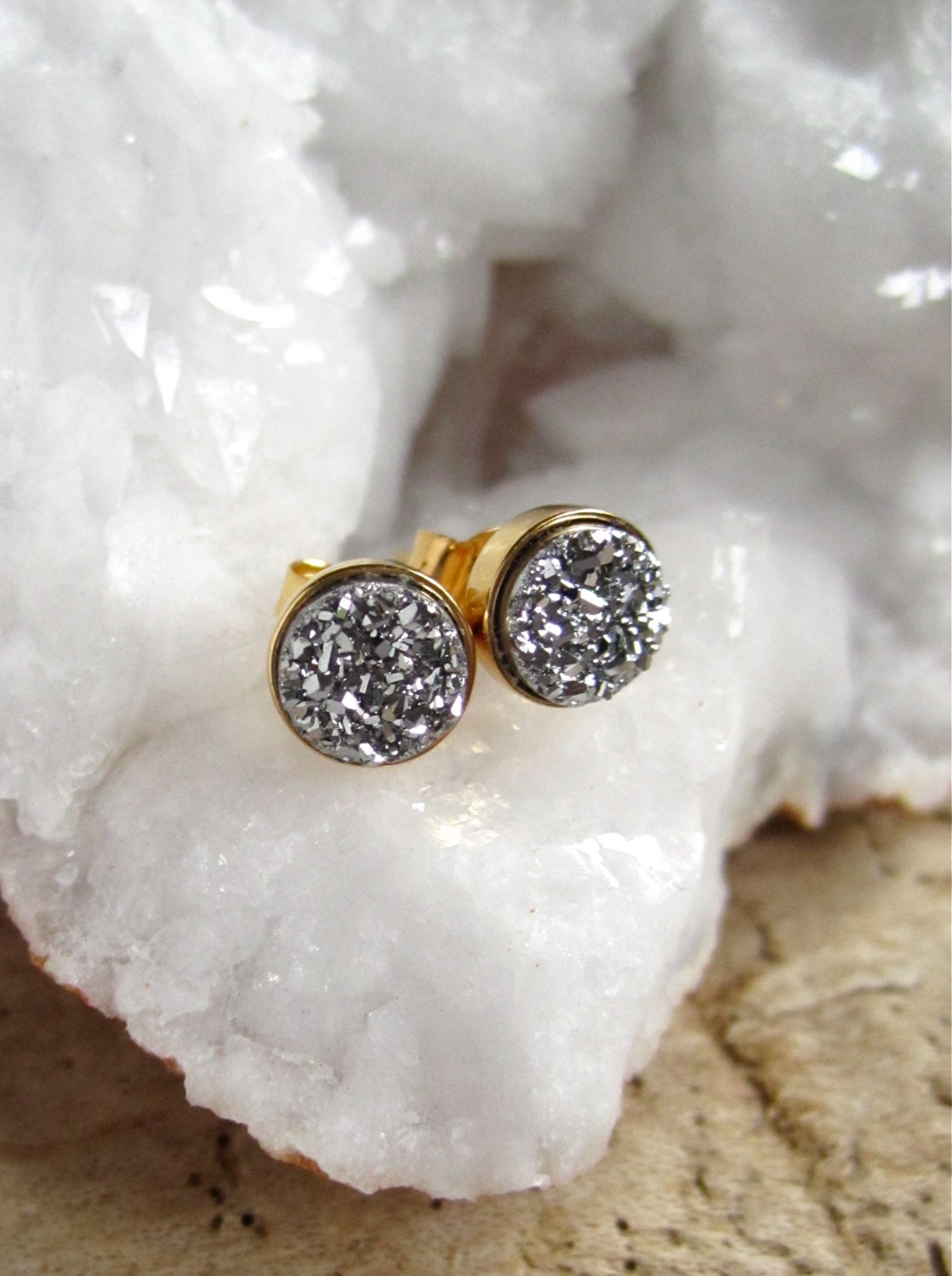 Tiny Silver Druzy Earrings Titanium Drusy Quartz Studs Gold Vermeil Bezel Set