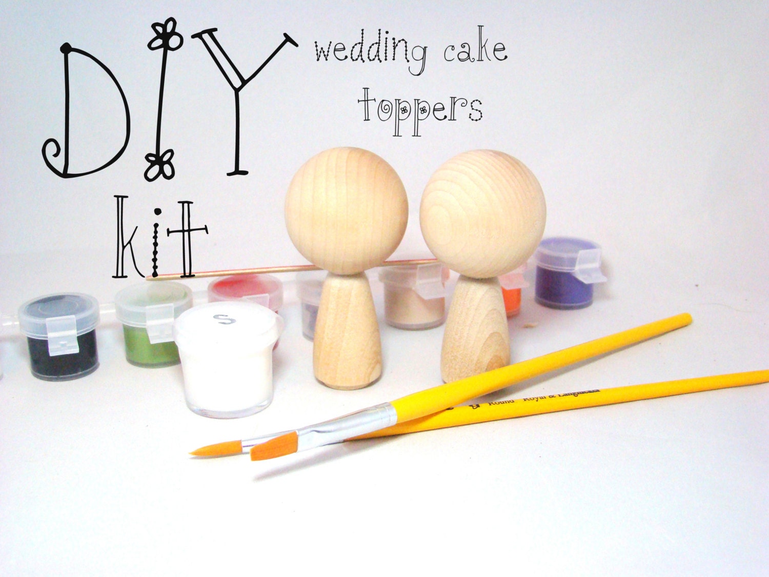 DIY Mini Kokeshi Wedding Cake Topper Dolls Kit w paint, sealer and brushes