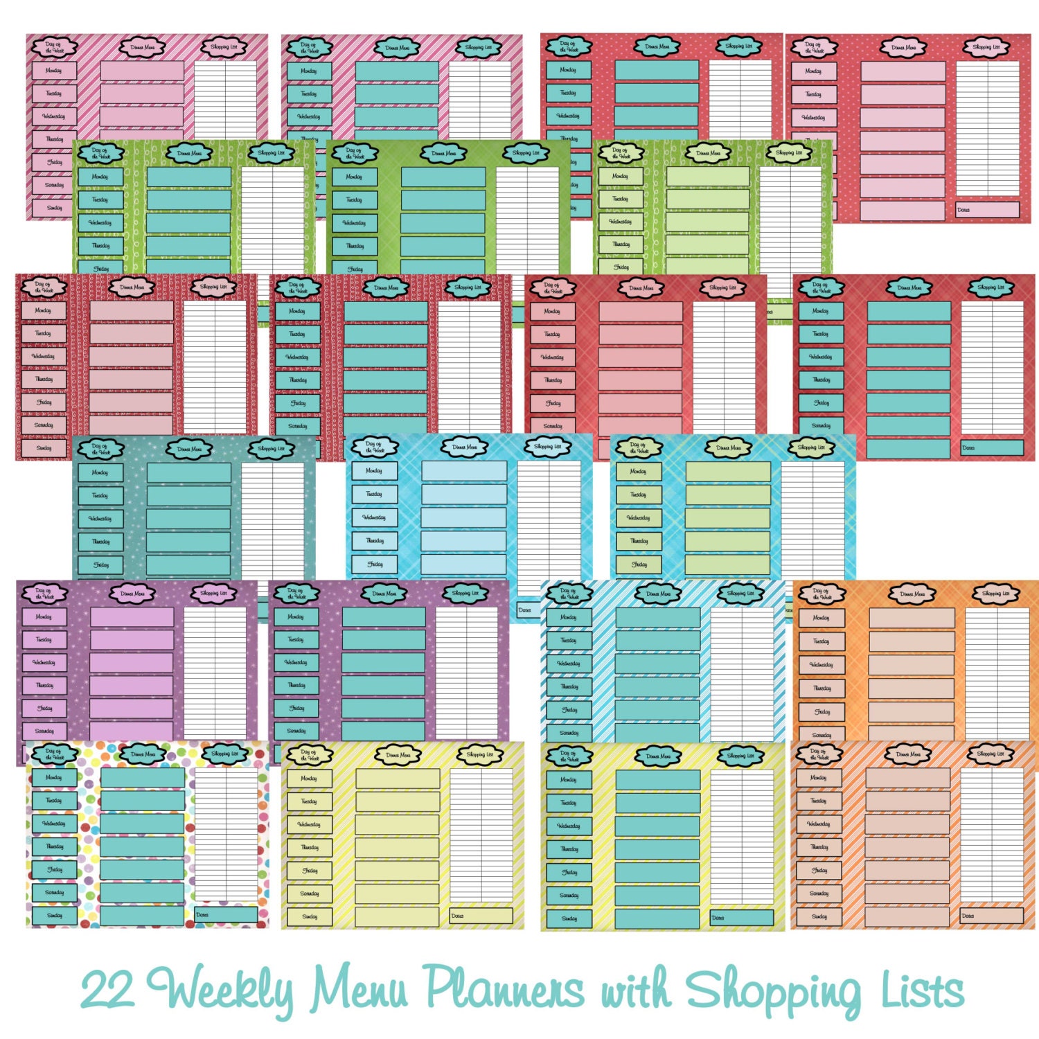 Weekly Menu Planner with Grocery Lists- 21 in All- Download/ and Printable PDF or Jpeg's