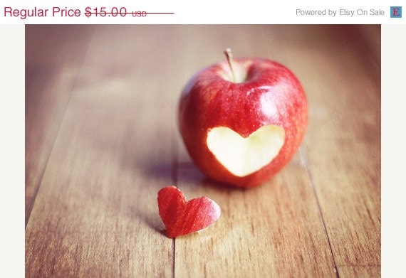 SALE 30% OFF Kitchen Art Food: Red Apple heart 5x7 Fine Art Photography Wall Art Print Fruit Still life Fruit Wall Art Kitchen wall art fru