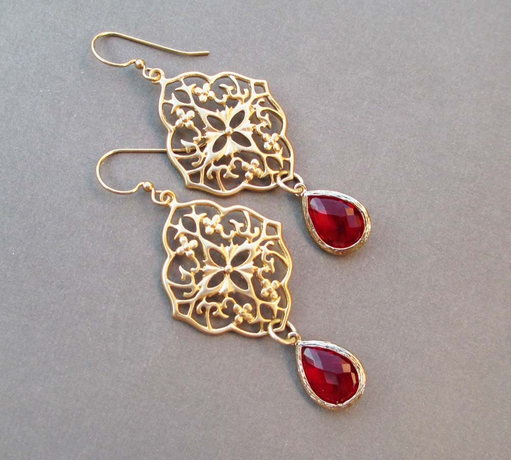 Flamenco Earrings Gold Filigree Earrings Red Crystal Drop Earrings Chandelier Earrings Red Earrings