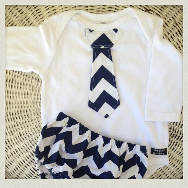 Baby Boy Tie Onesie Nappy Cover Set In Navy Chevron