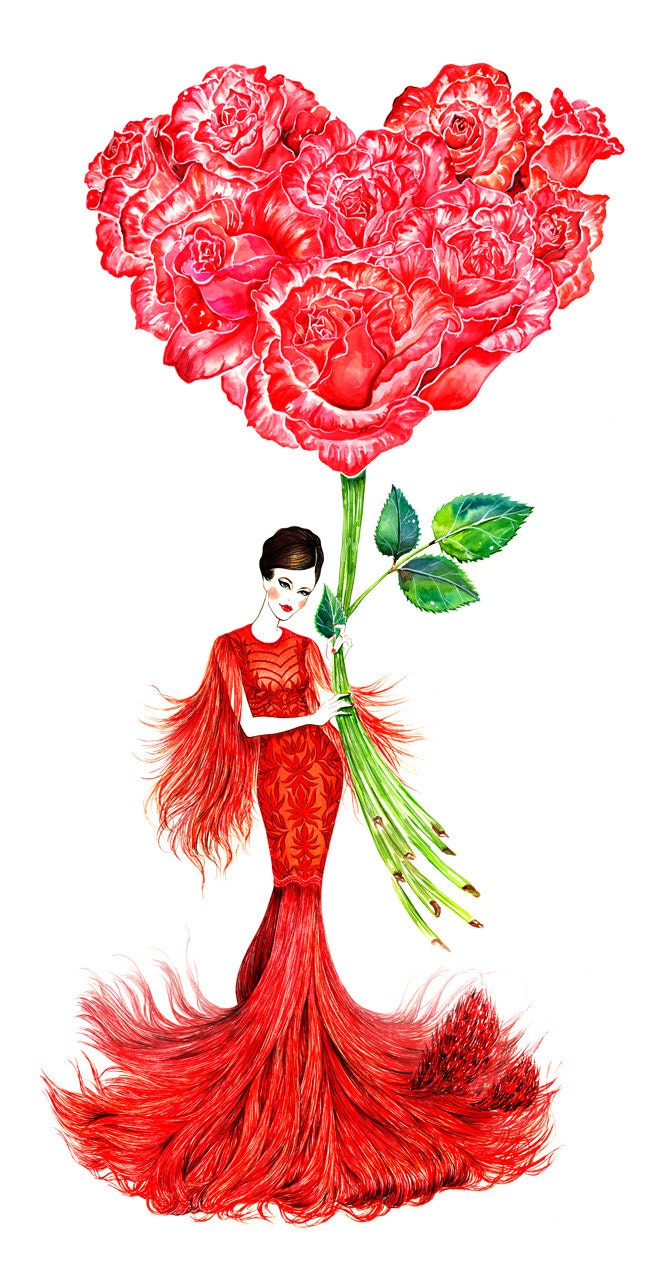 Flower Mood-Girl with flower- Watercolor Fashion illustration