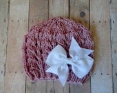 Baby Knit Hat Newborn Baby Beanie in Pink with Pretty Satin Bow Shabby Chic Baby Photo Prop