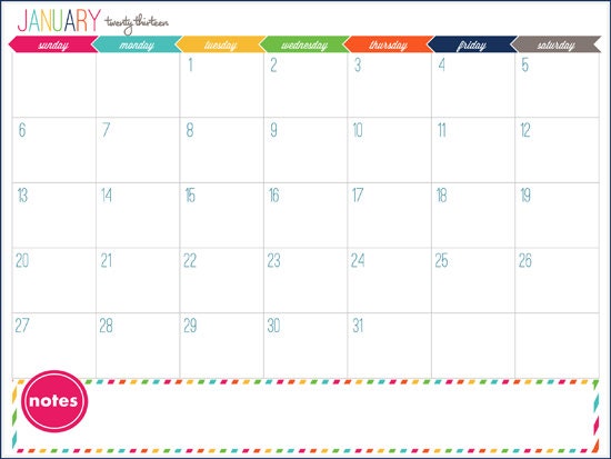 12 Month Calendar Printable - Prefilled for 2013