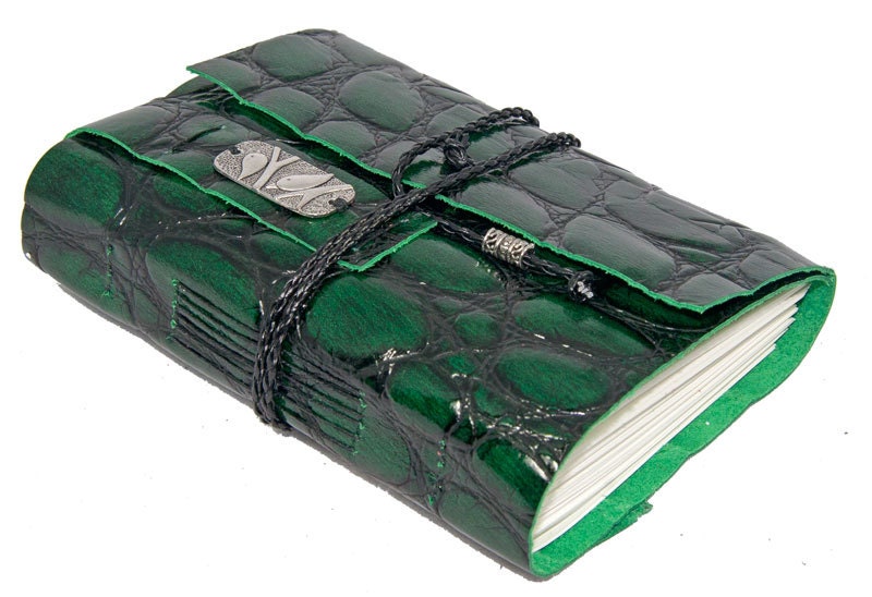 Embossed Green Leather Journal with Bookmark