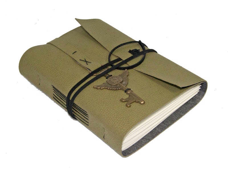 Green Vegan Faux Leather Journal with Winged Clock Key Bookmark