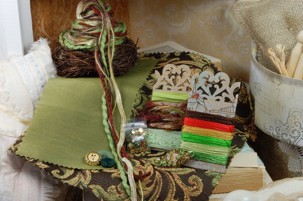 Tea Cake - Tidbits and Samplings. No.13. in Chocolate Browns, Greens hints of burnt orange Golds. Inspiration kit. Embellishment kit. OOAK