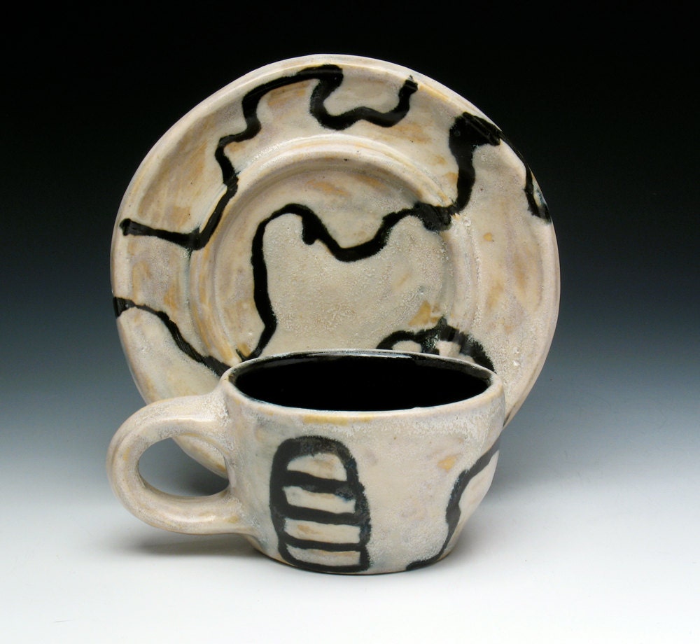 Abstract Modern Ceramic Cup and Saucer Set, Espresso Cup, Demitasse, Small Stoneware Teacup
