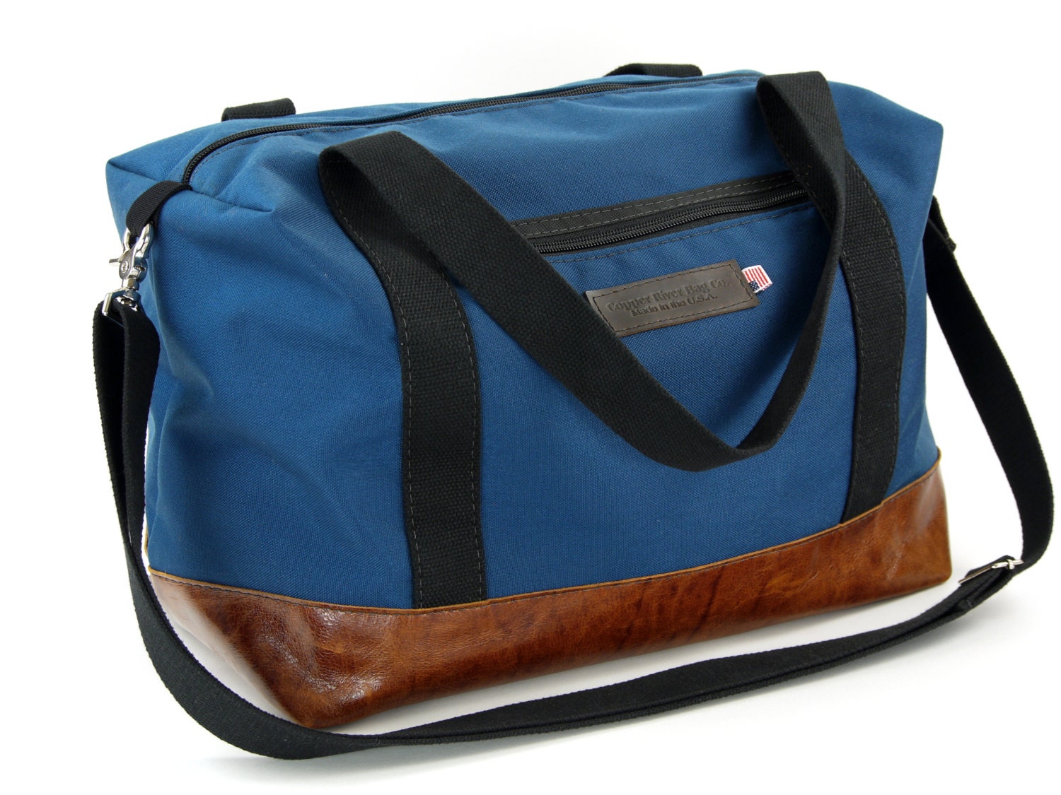 18" Leather Carry On Bag NEW:  Slate Blue and Italian Caramel - Tuscan Travel Leather Carry On Bag - Handmade in the U.S.A.