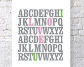 11x14 ABC Print. I love you. Alphabet Love. Typography Print. Gray, Pink and Green -104