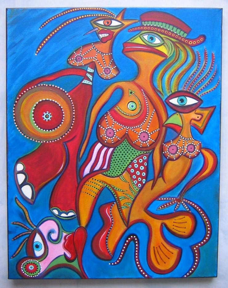 Charlie's Aliens, Original 22 X 28 Acrylic Painting on Canvas by Fig Jam Studio